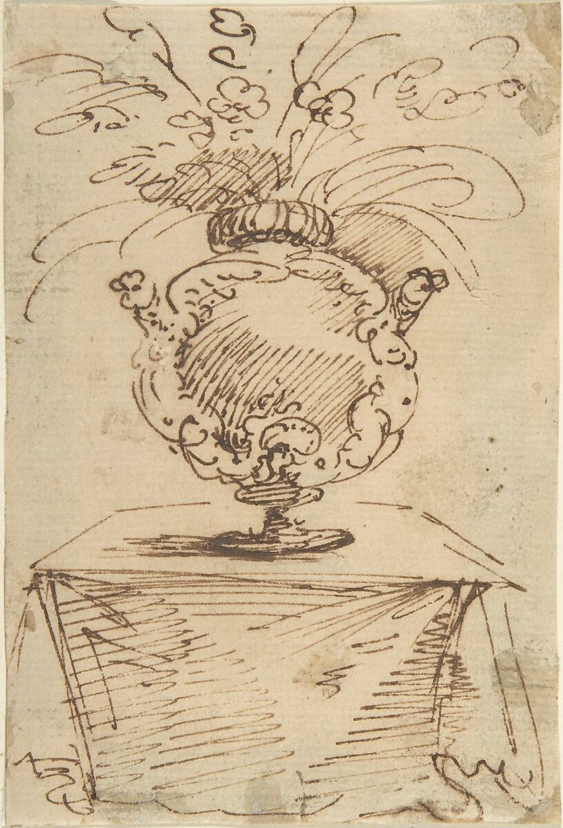 Vase of Flowers on a Table, Anonymous, Italian, 17th or 18th century, Pen 