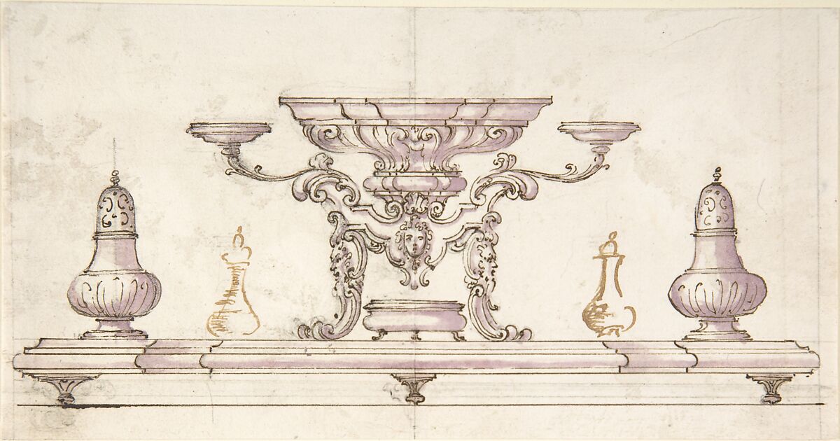 Drawing for Centerpiece and Salt Cellars, Anonymous, Italian, 18th century, Pen and ink and lavender wash 