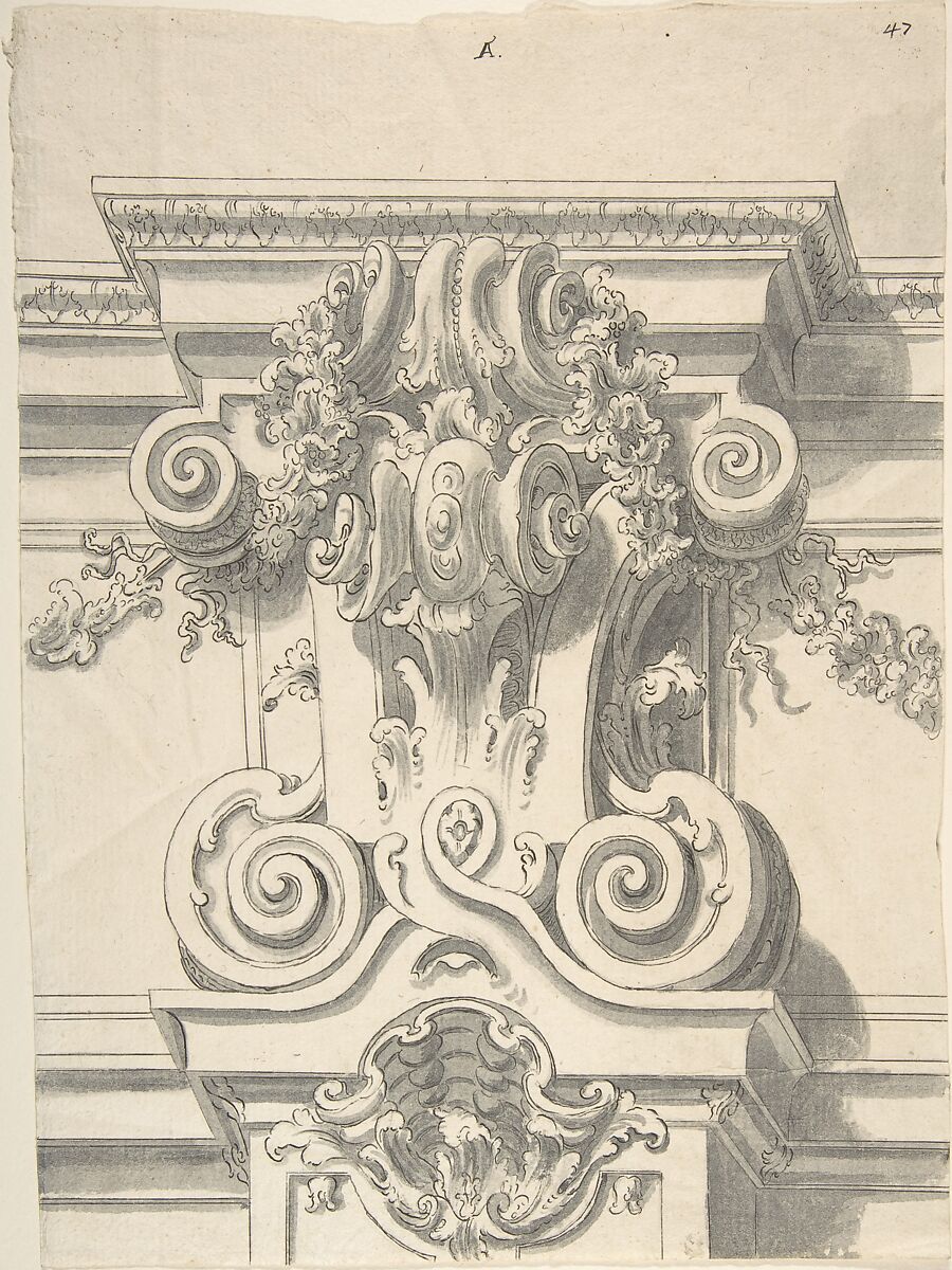 Drawing for a Capital, Anonymous, Italian, 18th century, Pen and ink and brush and gray wash 