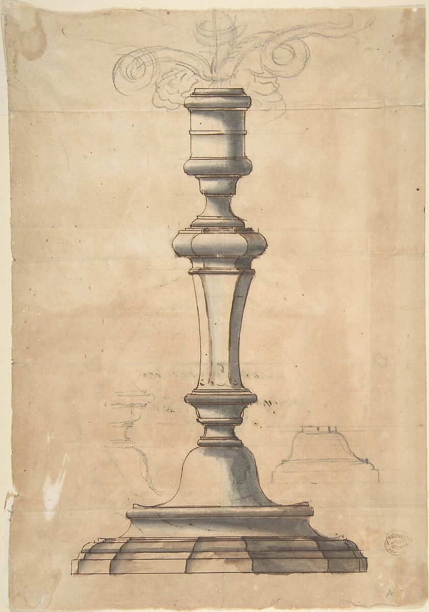 Candlestick with Three Branches, Anonymous, Italian, 18th century, Pen and brown ink, gray and brown washes, over graphite 