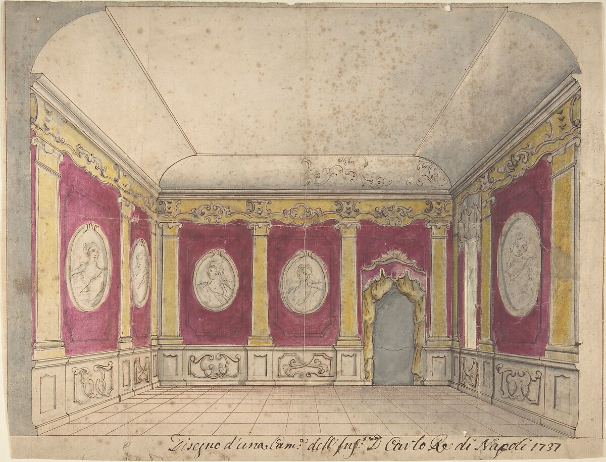 Design of a Room of the Infante Don Carlo, King of Naples, Anonymous, Italian, 18th century, Pen and watercolor 
