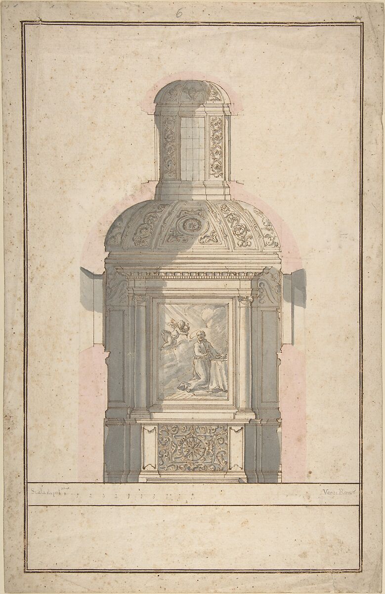 Architectural Drawing for a Chapel, Anonymous, Italian, Roman, 18th century, Pen and brown ink, gray and pink washes 