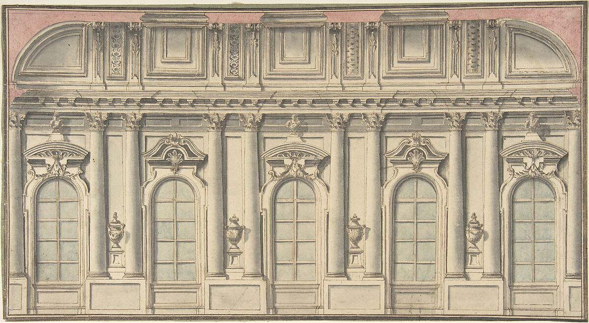 Wall Elevation and Interior, Anonymous, Italian, 18th century, Pen and ink and wash 