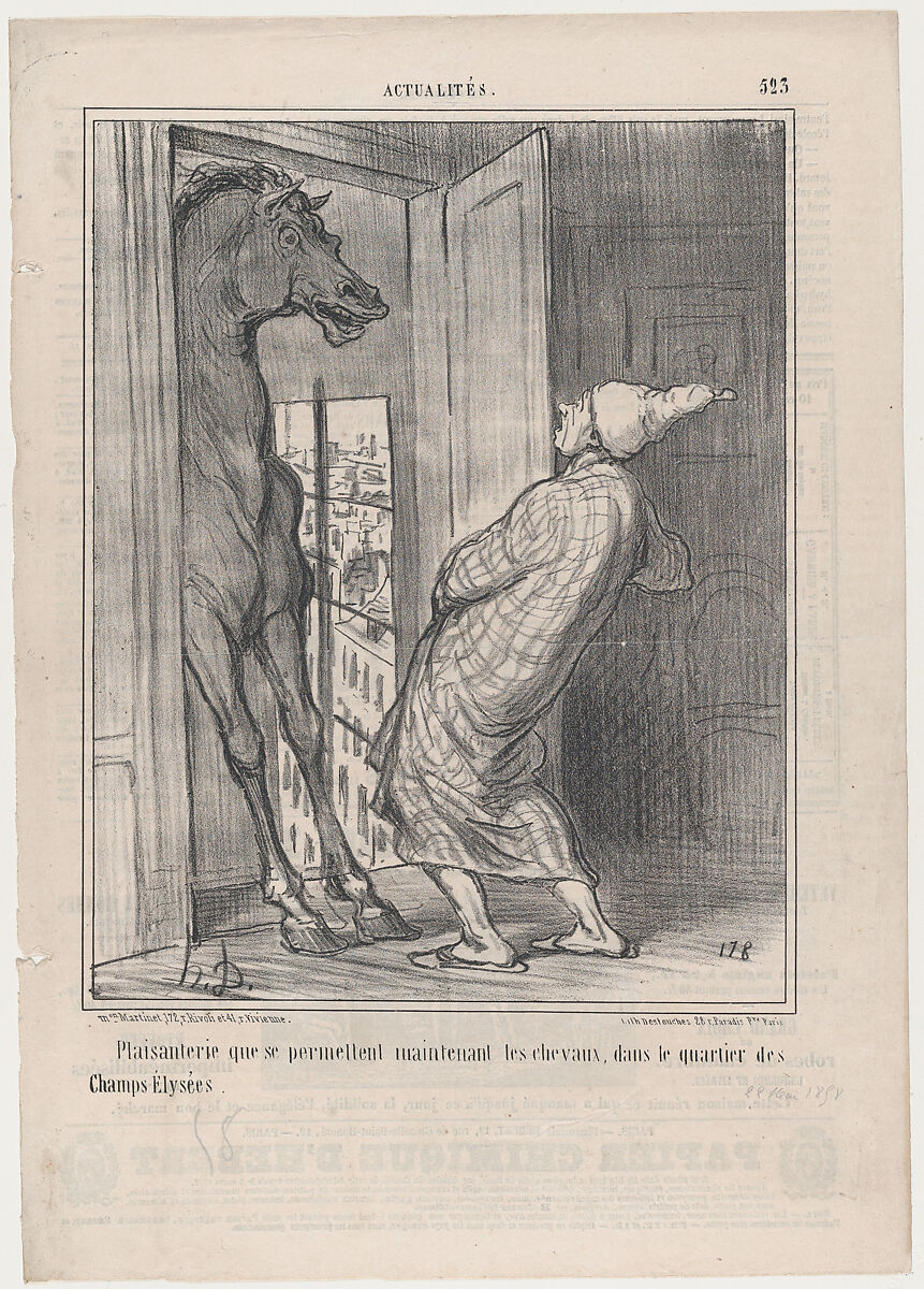 Plaisanterie que se permettent maintenant les chevaux, dans le quatier des Champs-Élysées, No. 523 from series Actualités, Honoré Daumier (French, Marseilles 1808–1879 Valmondois), Lithograph on newsprint 
