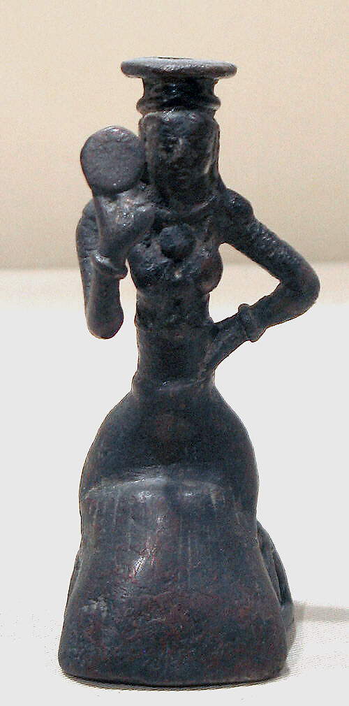 Mirror Handle with a Woman Holding a Mirror, Bronze, Pakistan (ancient region of Gandhara)