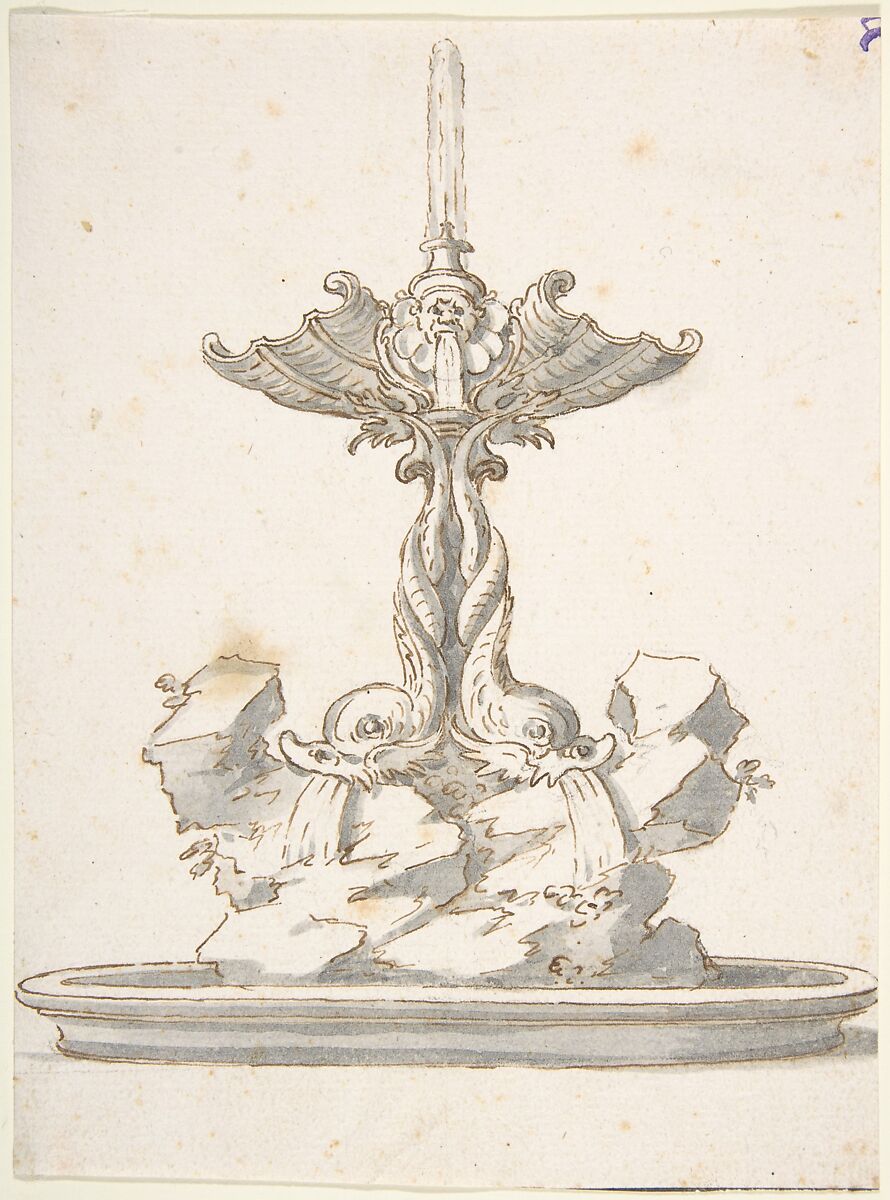 Design for Fountain with Dolphins and Grotesque Head, Anonymous, Italian, 18th century, Pen and ink and gray wash 