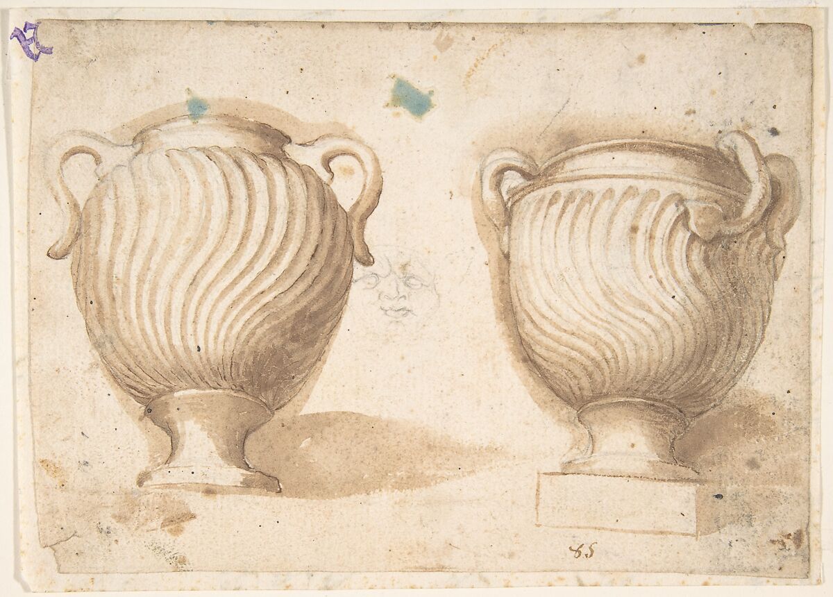 Two Antique Vases with Strigil Decorations, Anonymous, Italian, 18th century, Pen and brown ink, brush and brown wash, over black chalk 
