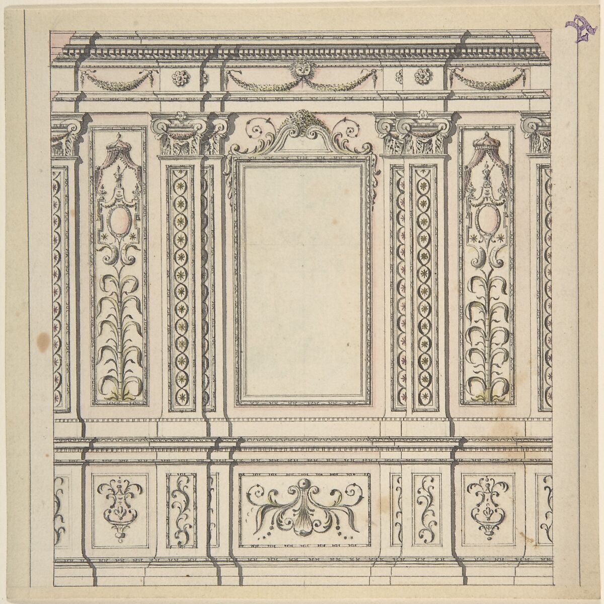 Design for a Wall Decoration, Anonymous, Italian, North Italy, 18th century, Pen and ink with yellow, brown and dark gray wash 