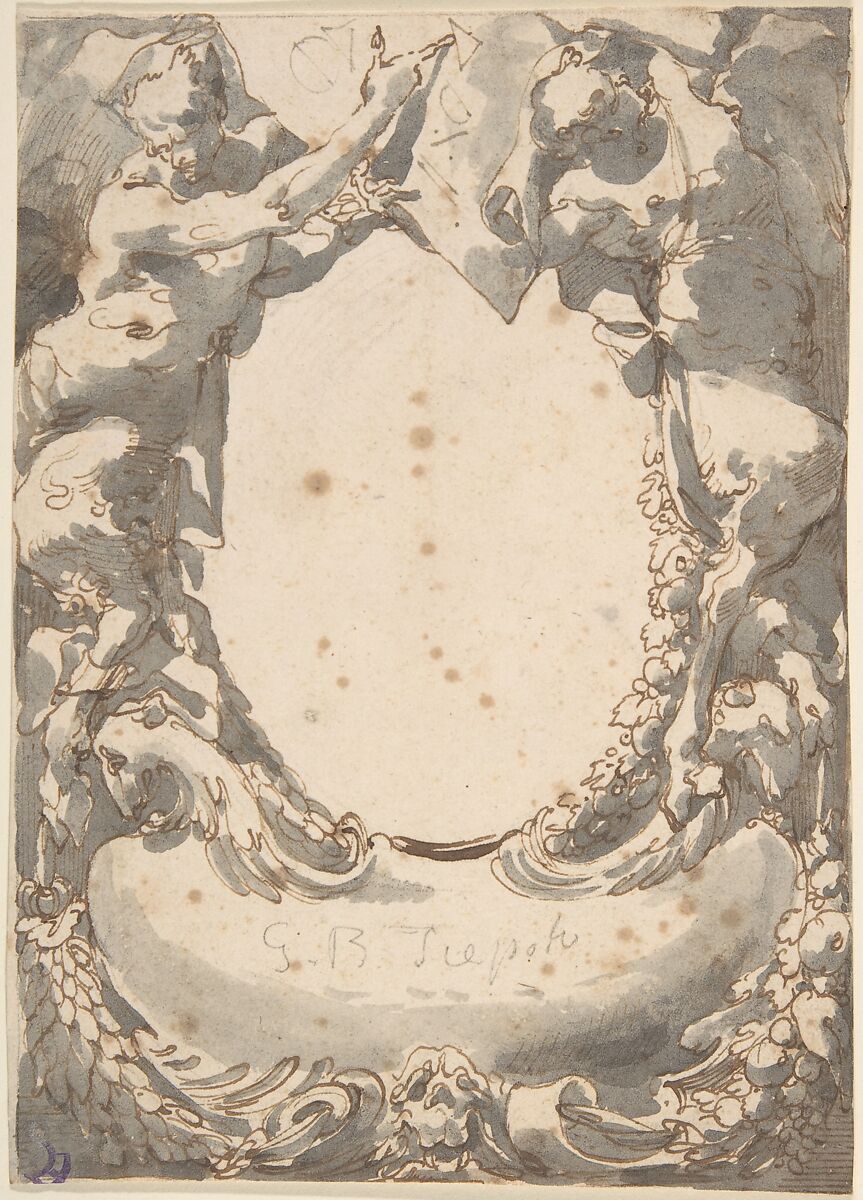 Design for a Double Cartouche flanked by Satyrs (Frontispiece?), Anonymous, Italian, Venetian, 18th century, Pen and ink and gray wash 