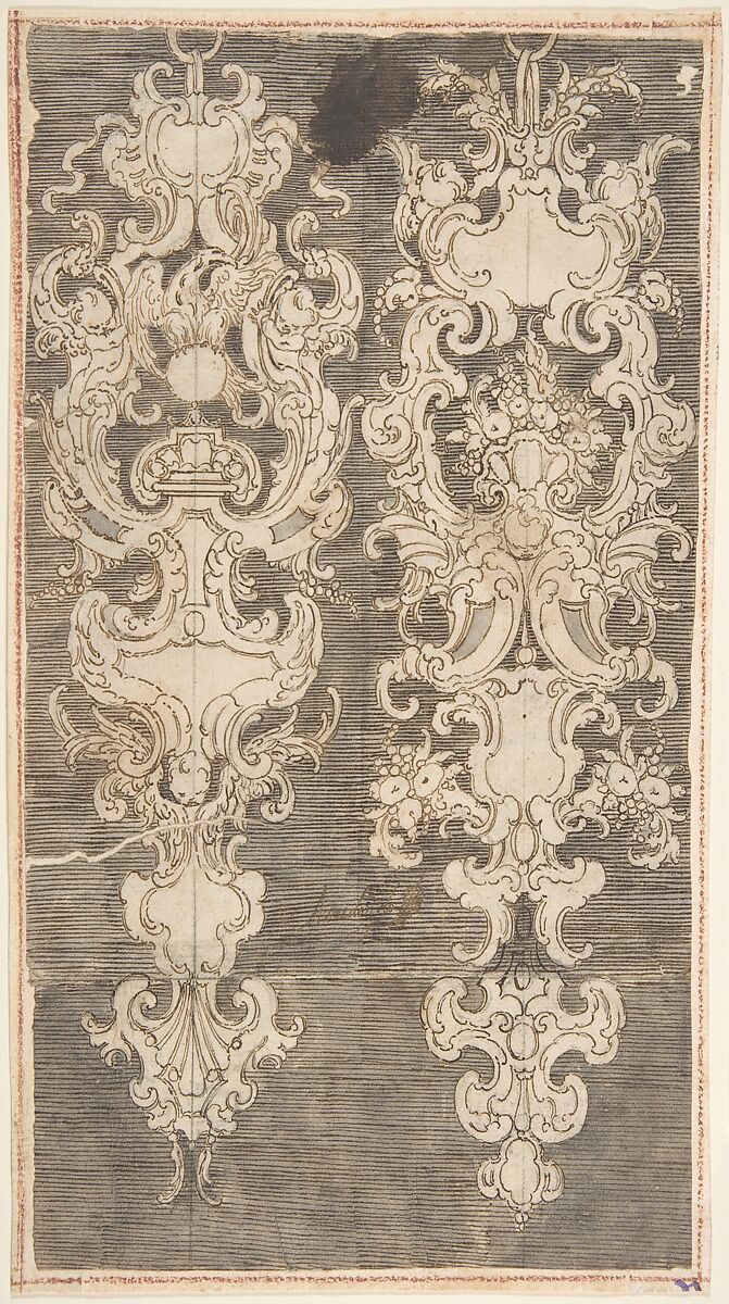 Two Designs for Wall Decorations on a Hatched Ground, Anonymous, Italian, 18th century, Pen and maroon and dark brown ink over chalk 