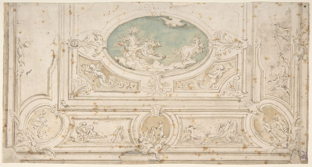 Design for a Ceiling with Apollo on his Wagon in the Central Compartment, Anonymous, Italian, 18th century, Pen and ink, wash, and watercolor 