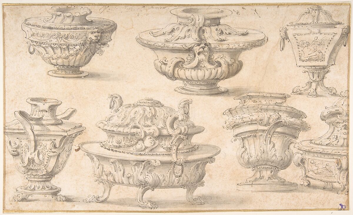 Seven Designs for Vases and Table Silver, Giovanni Larciani ("Master of the Kress Landscapes") (Italian, 1484–1527), Pen and ink and wash 