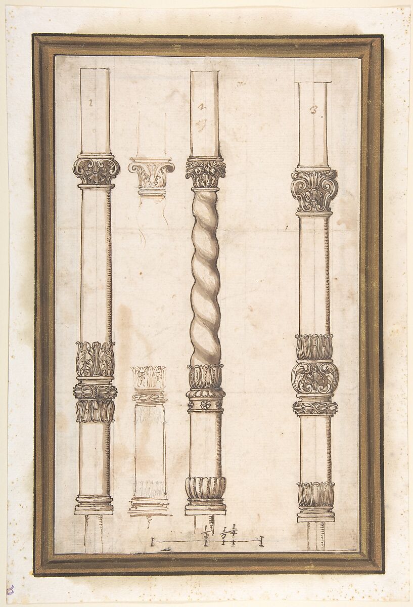 Four Designs for Pillars, Anonymous, Italian, 18th century, Pen and ink and wash 