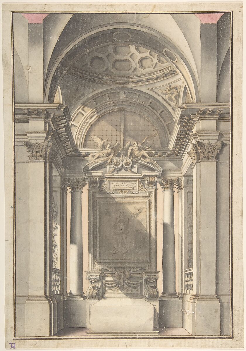 Interior of a Chapel, Anonymous, Italian, 18th century, Pen and ink with gray, brown and pink wash 