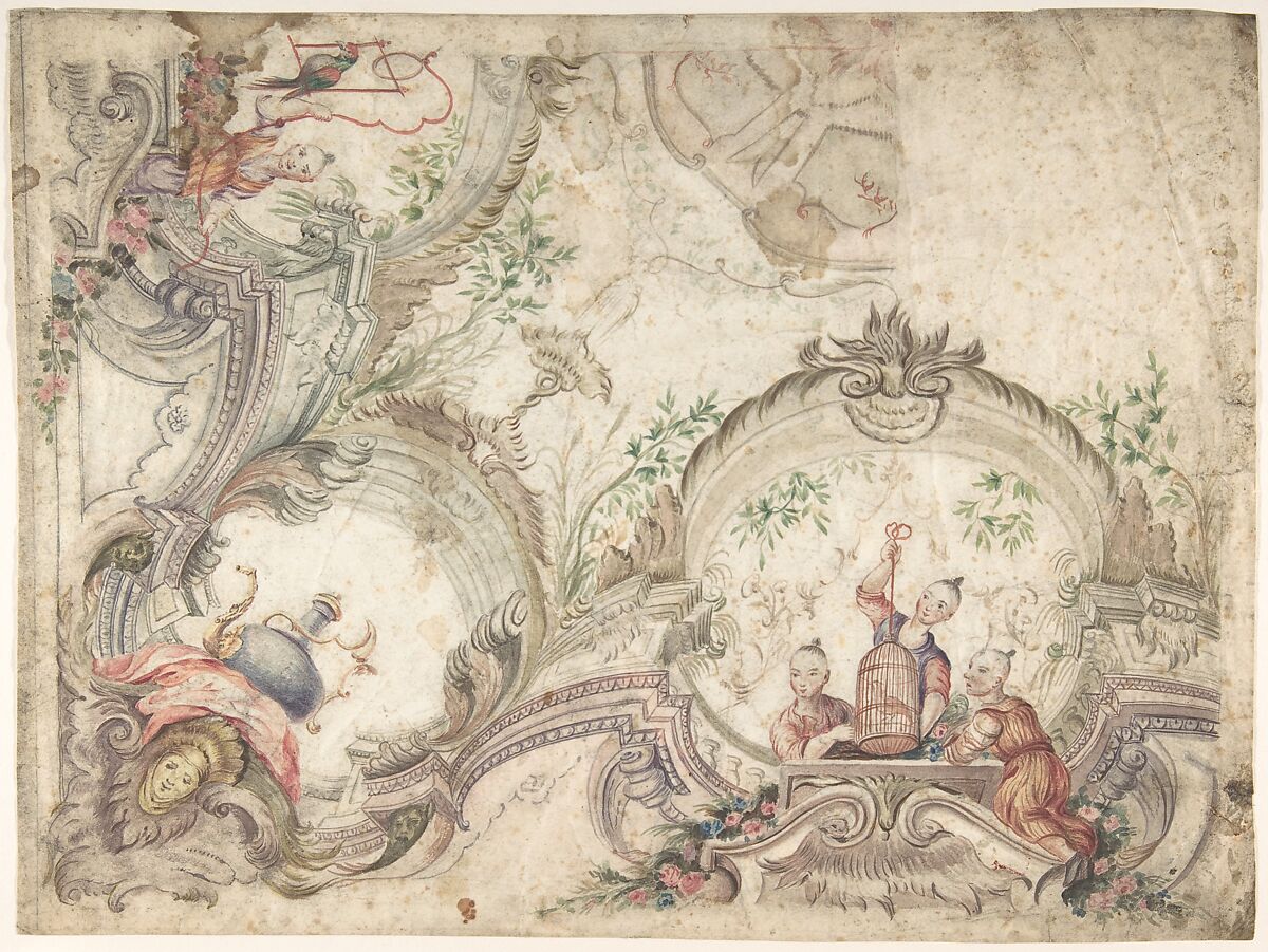 Design for a Ceiling Decoration with Chinoiserie Scenes, Anonymous, Italian, 18th century, Watercolor 