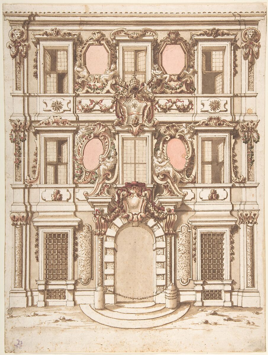 Design for the Facade of a Palace with the Coat of Arms of Pope Clement IX, Anonymous, Italian, 18th century, Pen and brown ink with brown, red and green wash 