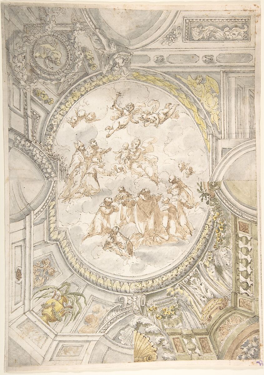 Design for a Ceiling with Virgin and Child in Glory, Anonymous, Italian, 18th century, Pen and ink wiht yellow, gray and brown wash 