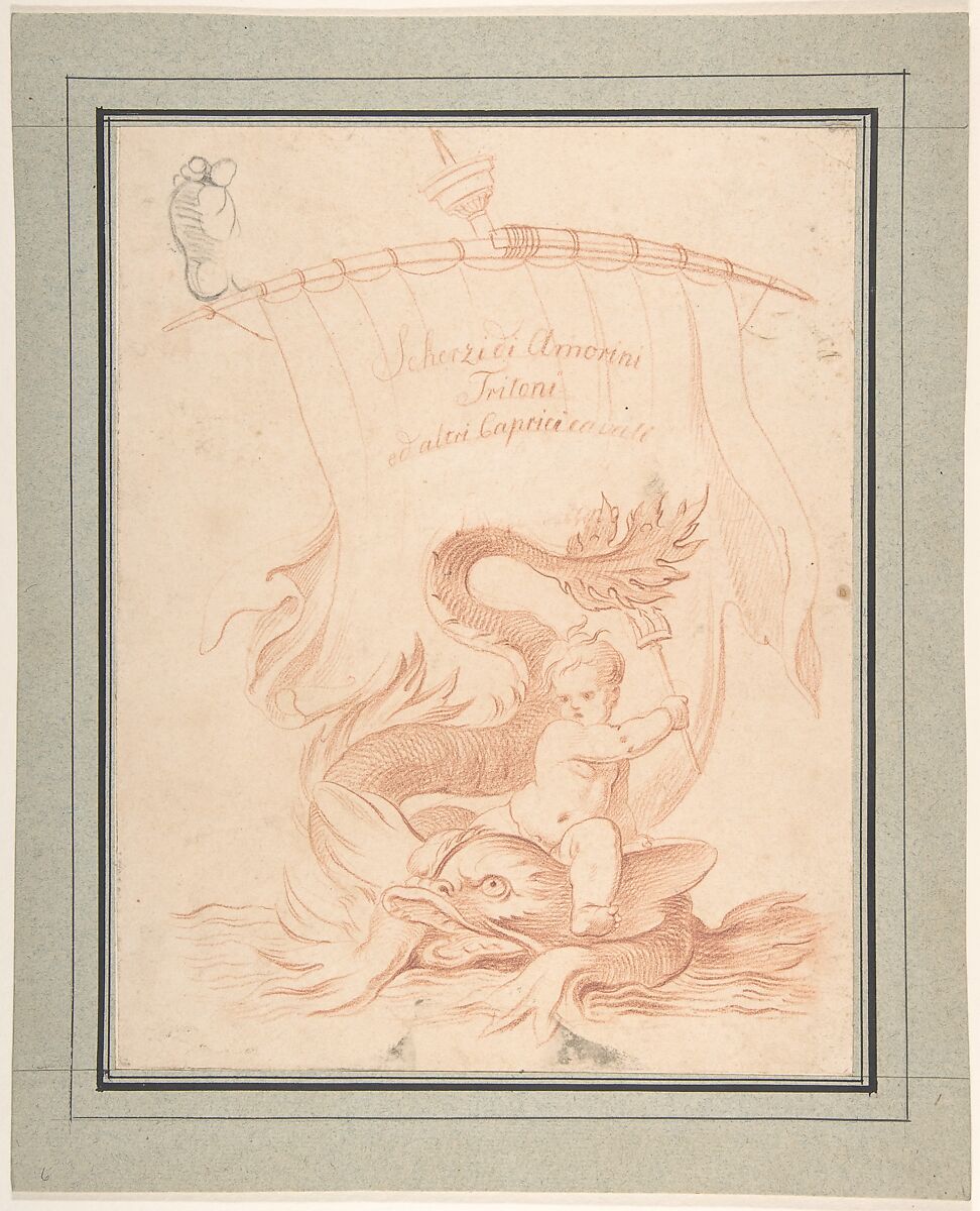 Drawing for Title-Page with Amorini Riding a Dolphin, Anonymous, Italian, 18th century, Red chalk 