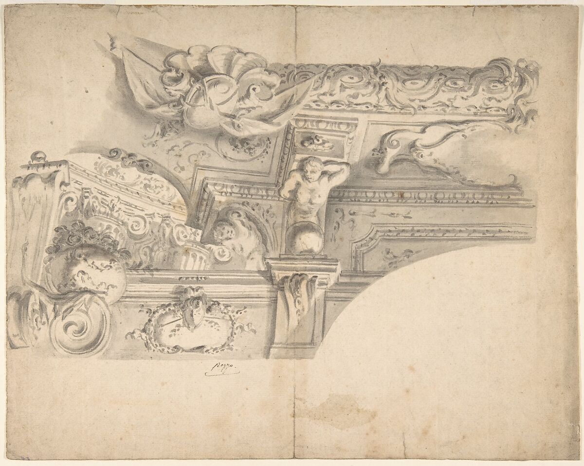 Design for the Decoration of a Cornice, Anonymous, Italian, 18th century, Pen and ink and gray wash 