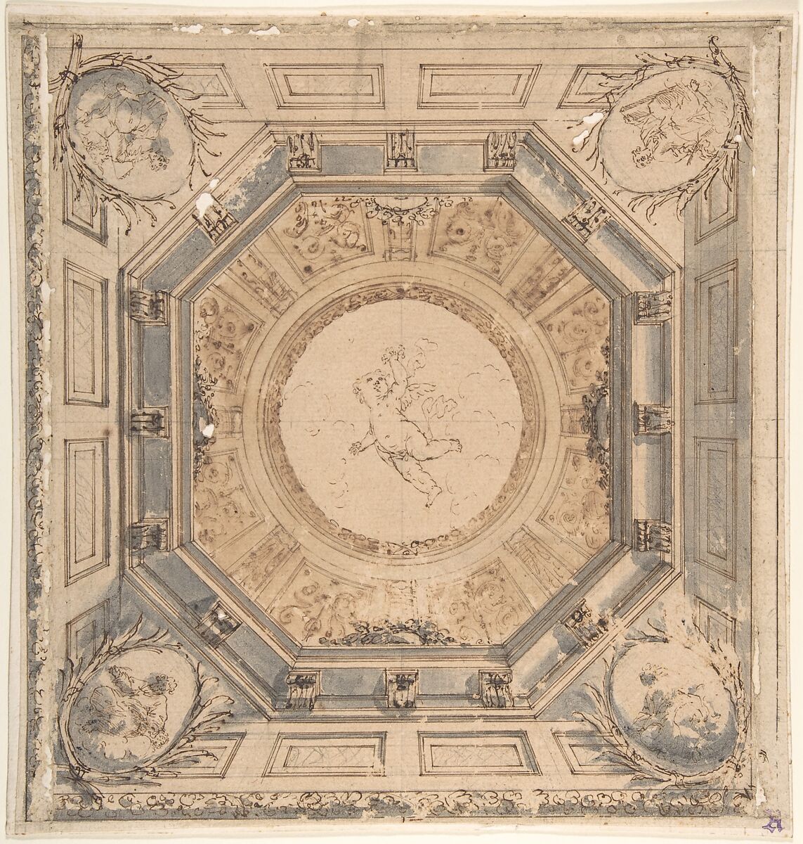 Design for a Square Trompe L'Oeil Ceiling with the Four Evangelists, Anonymous, Italian, 18th century, Pen and brown ink, brush and blue-gray wash, over black chalk, with ruler, and compass-work; glued onto secondary paper support 