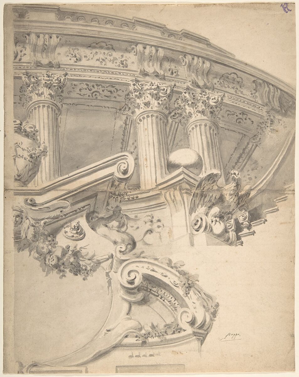 Architectural Capriccio, Anonymous, Italian, 18th century, Pen and ink and gray wash 