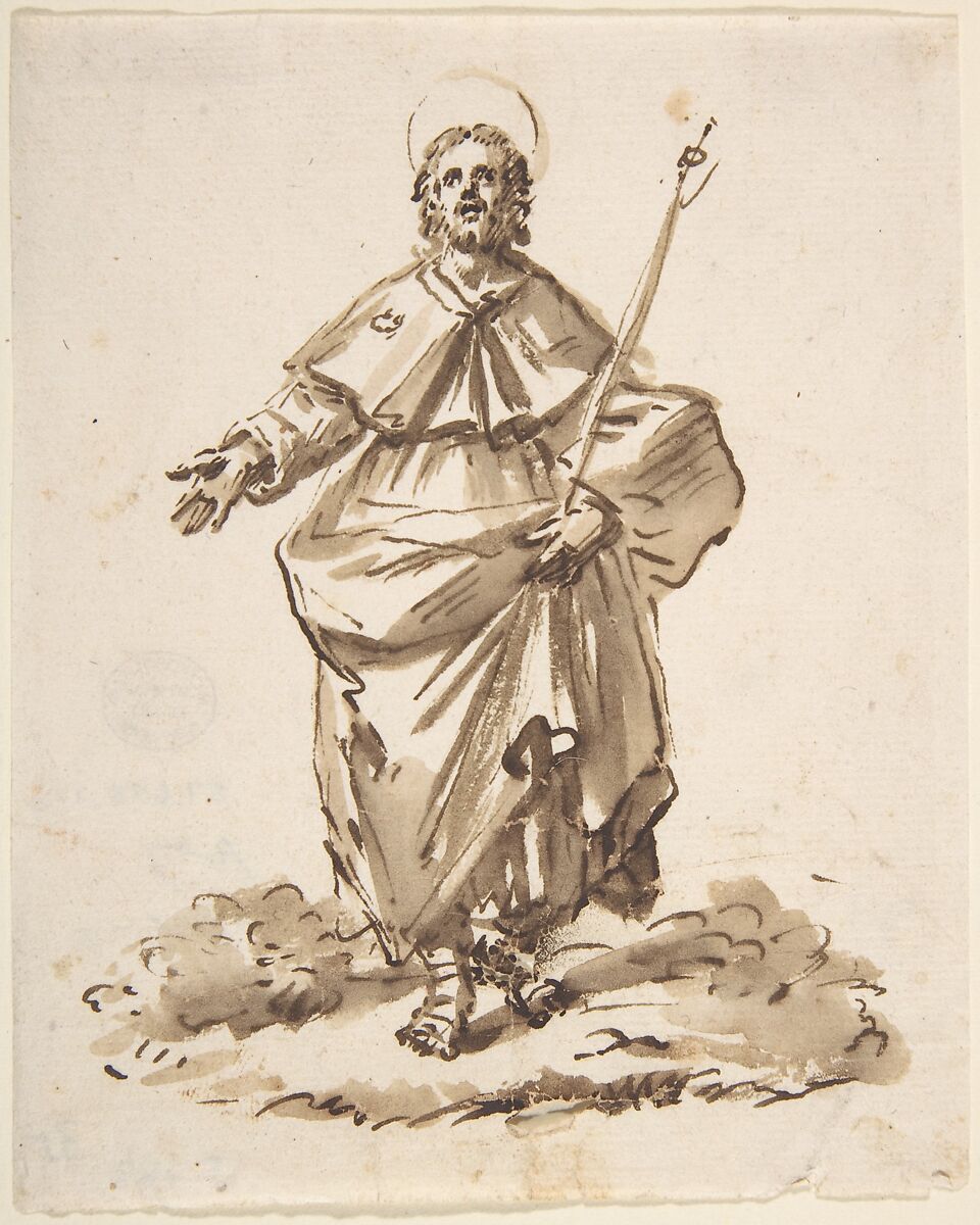 Sketch of a Standing Male Saint, Anonymous, Italian, North Italy, 18th century, Pen and bistre with brown washes 