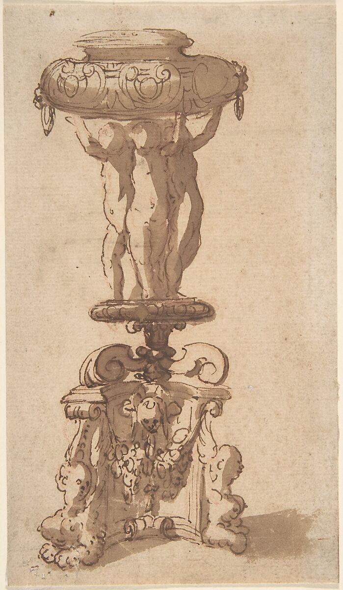 Design for an Urn, Supported by Three Children on a Piedestal with Sphinxes as Feet., Anonymous, Italian, 17th or 18th century, Pen, brush, and brown ink 