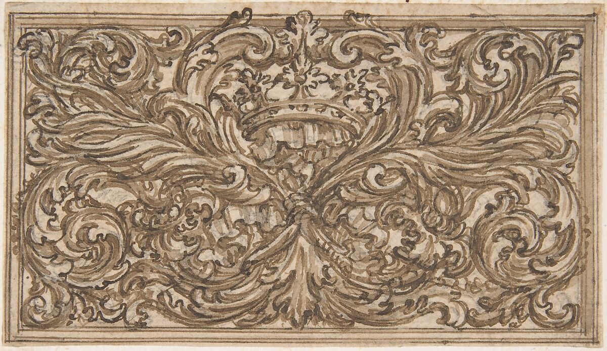 Design for a Panel Decorated with A Bundle of Foliage, A Crown and a Shell, Anonymous, Italian, 18th century, Pen and ink and brown wash 