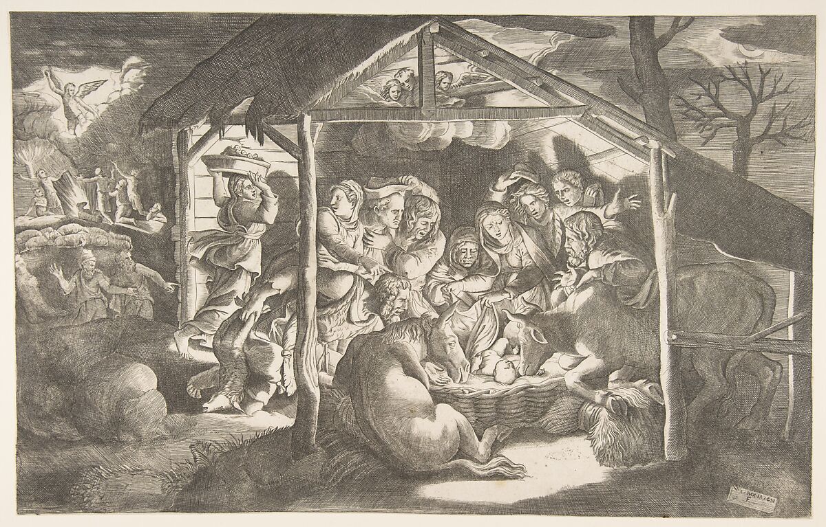 The adoration of the shepherds, various figures at night surround the Christ Child, Giulio Bonasone (Italian, active Rome and Bologna, 1531–after 1576), Engraving 