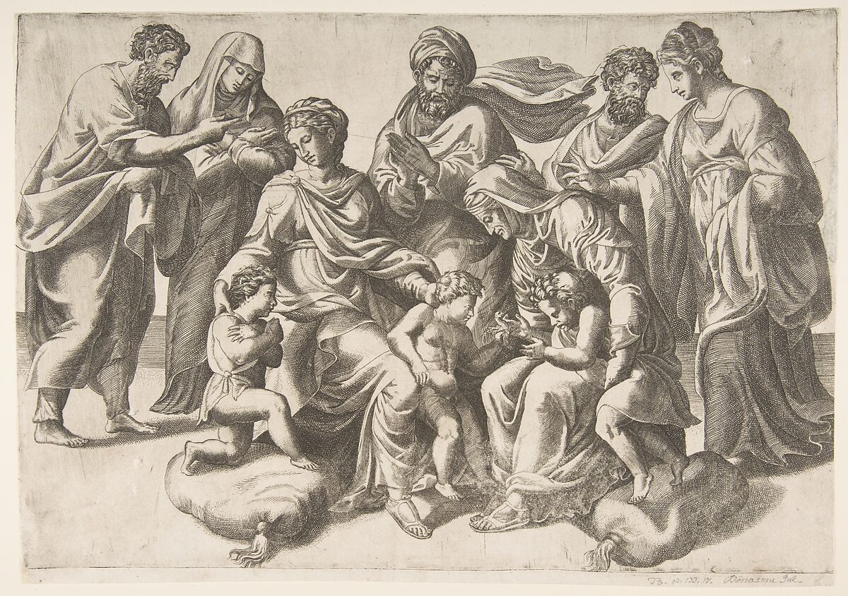 The Holy Kinship, in thecentre the Christ Child takes a bird given to him by the infant John the Baptist, Giulio Bonasone (Italian, active Rome and Bologna, 1531–after 1576), Etching and engraving 