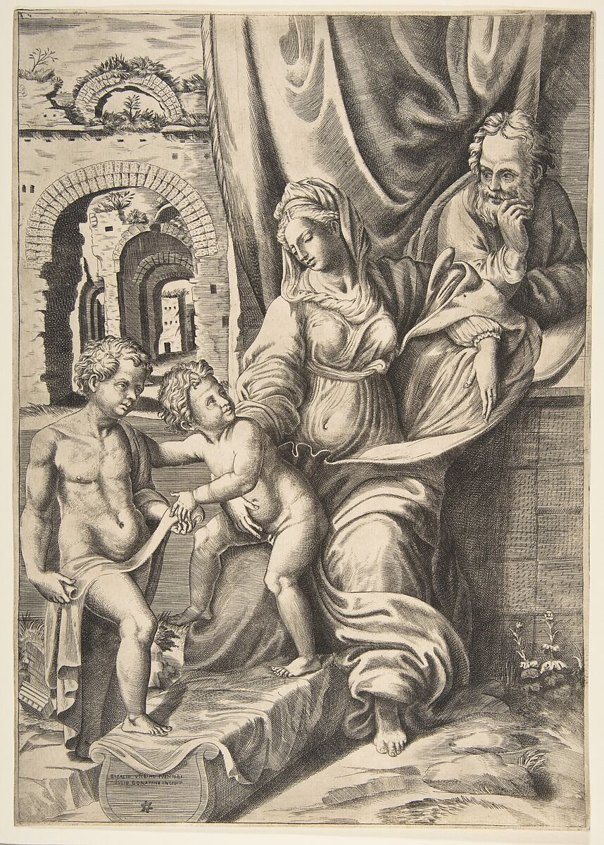The Holy Family and the infant John the Baptist, Giulio Bonasone (Italian, active Rome and Bologna, 1531–after 1576), Engraving 