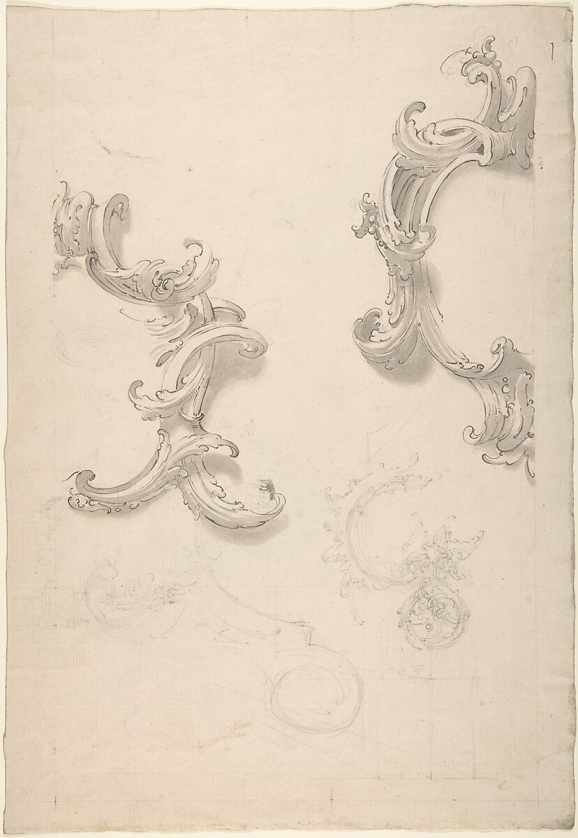 Ornamental Design with Acanthus Leaves (recto), Capital (verso), Anonymous, Italian, 18th century, Ink and gray wash 