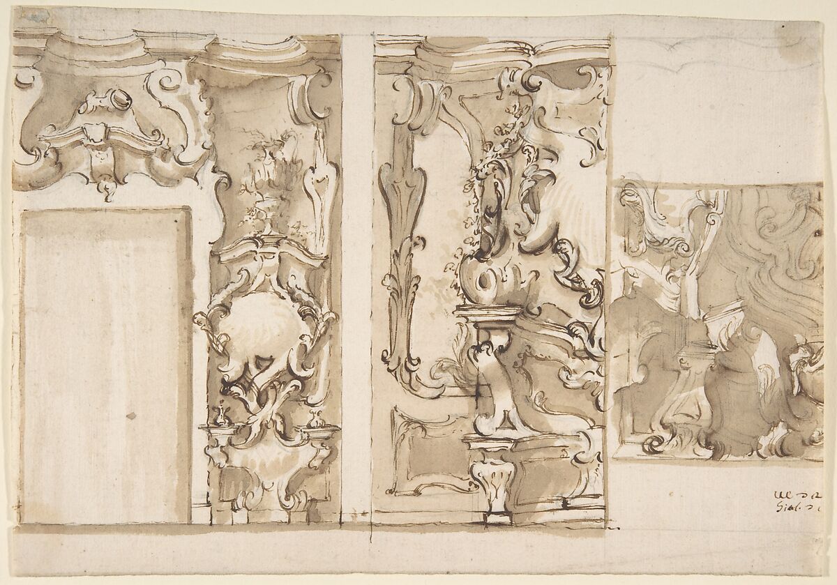 Design for Wall Elevation and Ceiling, Anonymous, Italian, 18th century, Pen, brush, and brown ink 