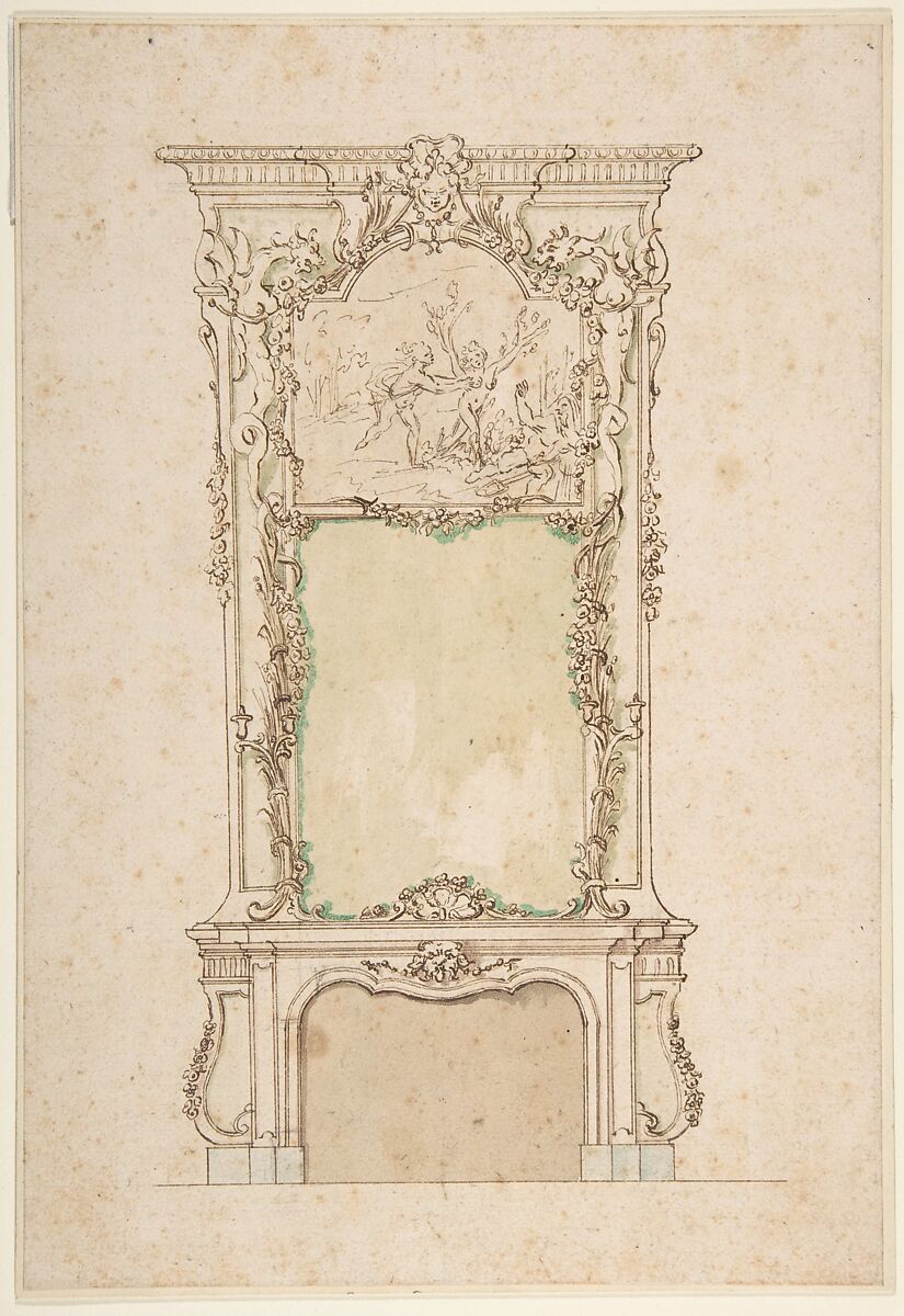 Design for Chimney Piece, Anonymous, Italian, 18th century, Pen, sepia ink and wash; green watercolor 