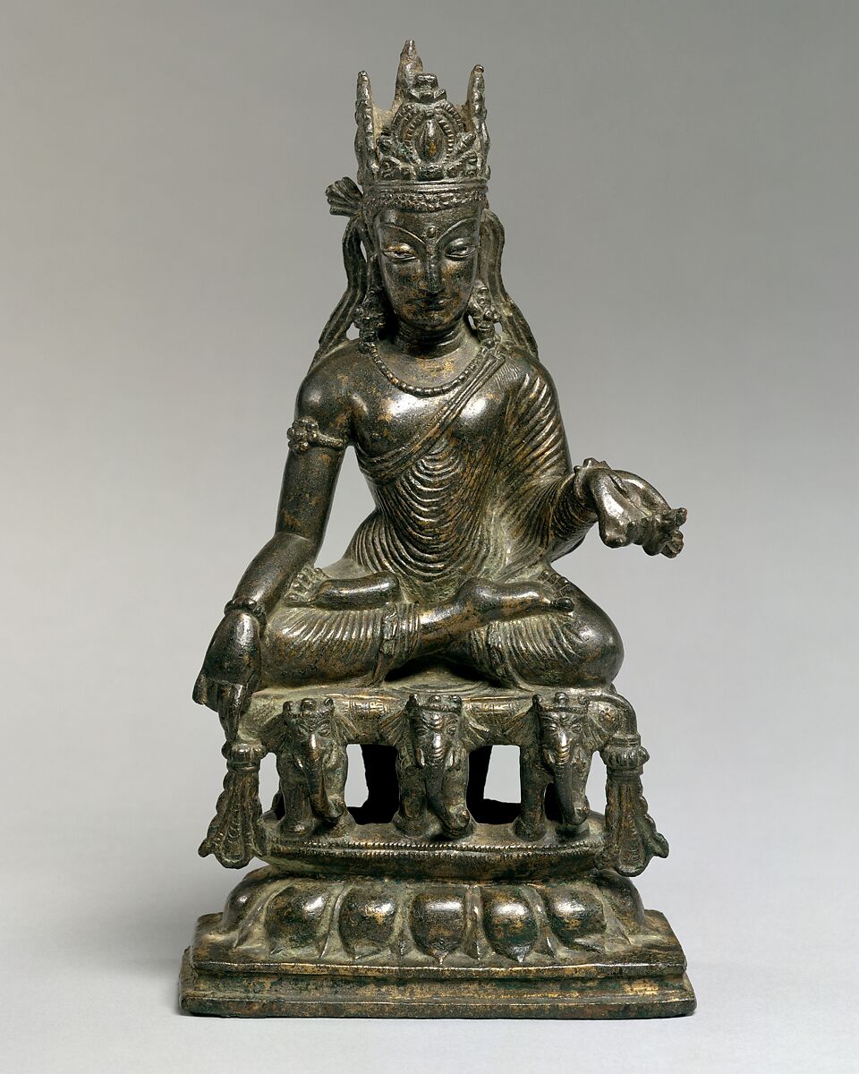 Akshobhya, the Transcendent Buddha of the East, Bronze with silver and copper overlays, Pakistan (Northwest Frontier Province, Swat Valley) 