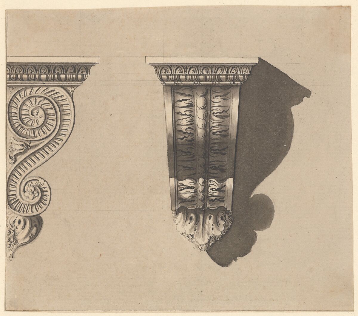 Two Views of a Bracket, Richard de Lalonde (French, active Paris, 1780–90), Pen and black ink, brush and gray wash, over graphite underdrawing 
