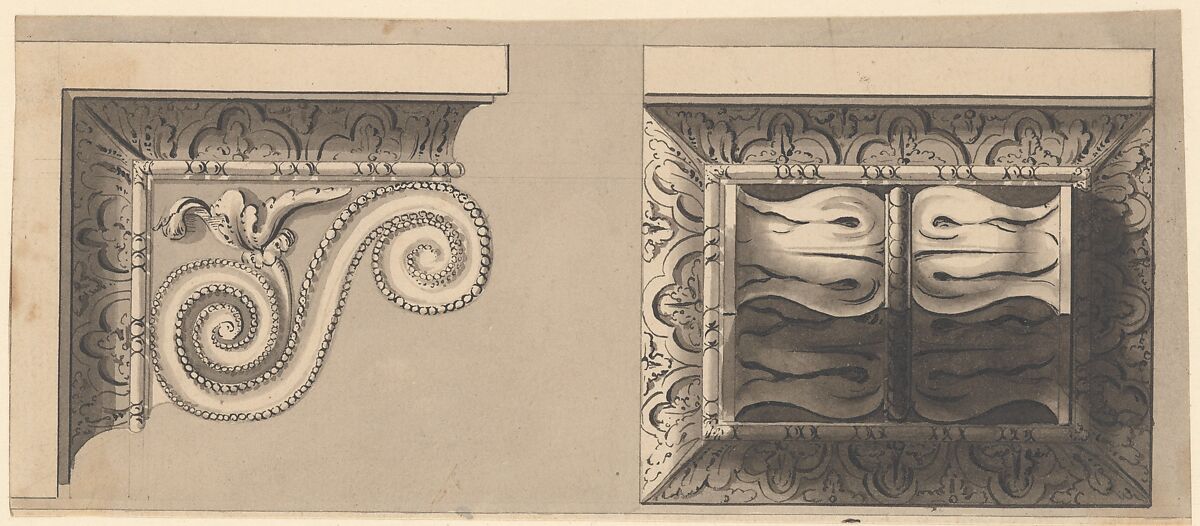 Two Designs for Ornament, Richard de Lalonde (French, active Paris, 1780–90), Pen and black ink, brush and gray wash, over graphite underdrawing 