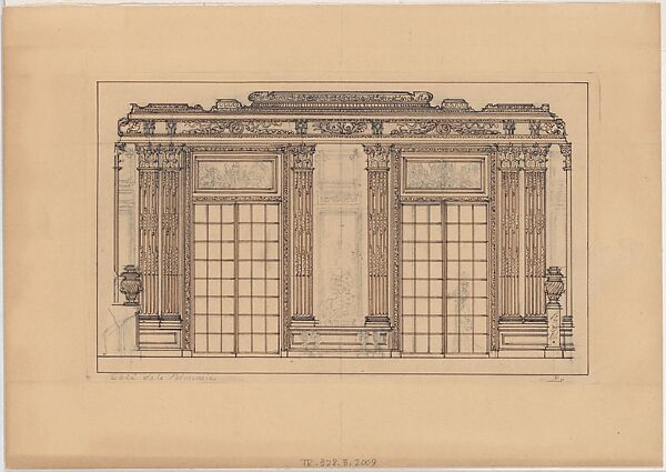 Room elevation, Anonymous, French, 20th century, Graphite and pen and brown ink 