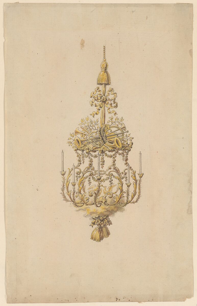 Design for a chandelier, Anonymous, French, 18th century, Pen and gray ink with gray, yellow and brown wash 