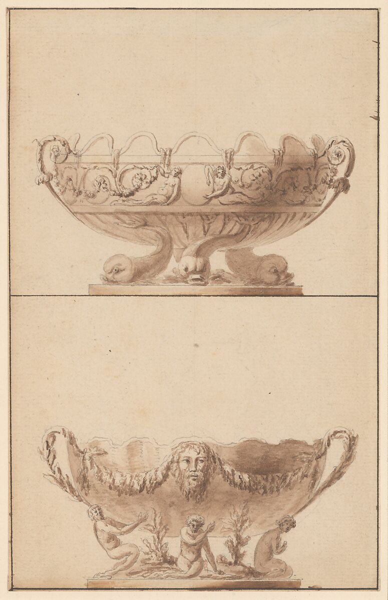 Two designs for wine coolers, Anonymous, French, 18th century, Pen and brown ink and brush and brown wash 