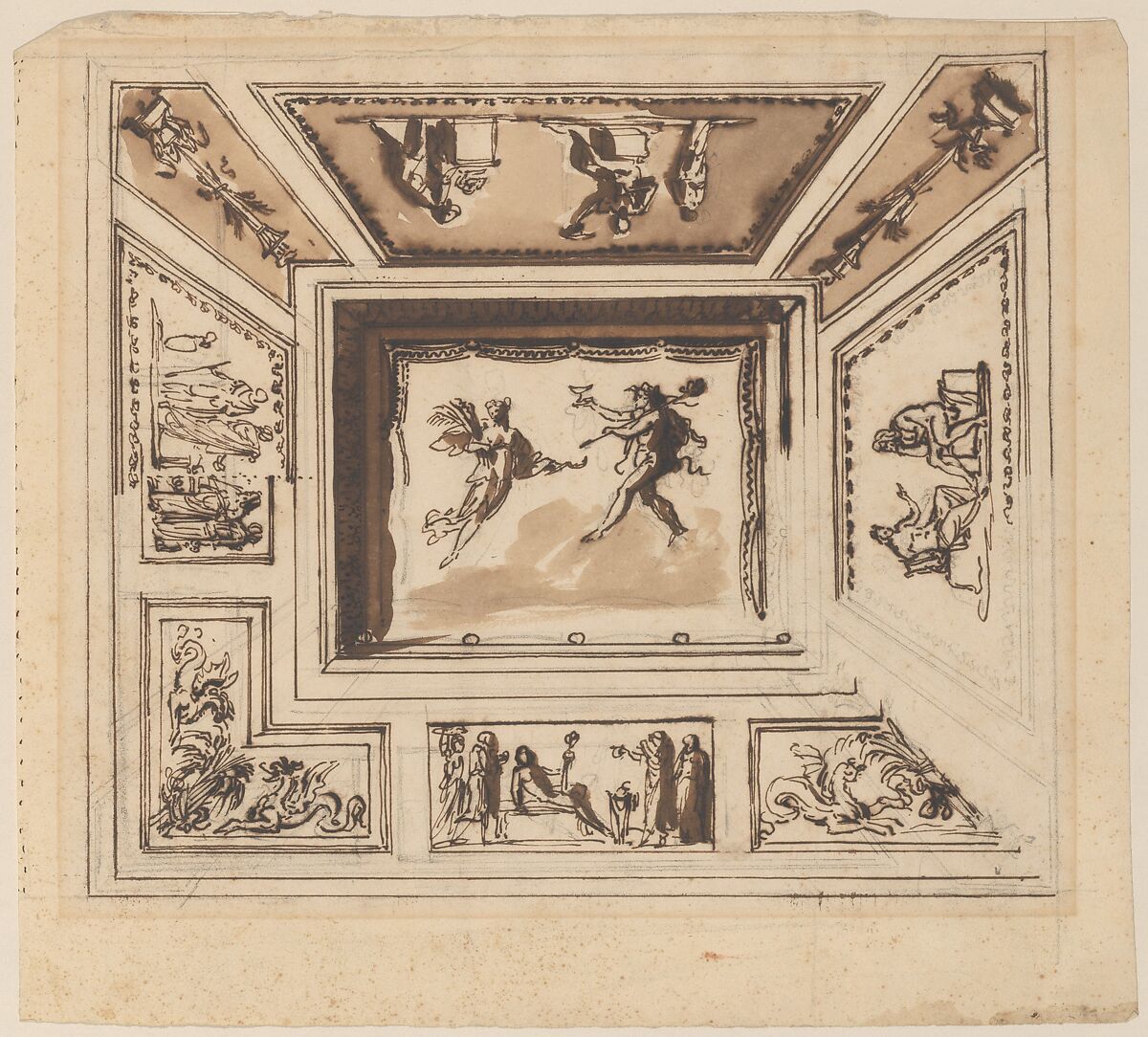 Design for a Ceiling, Circle of Felice Giani (Italian, San Sebastiano Curone, near Alessandria 1758–1823 Rome), Graphite, pen and ink with brown wash 