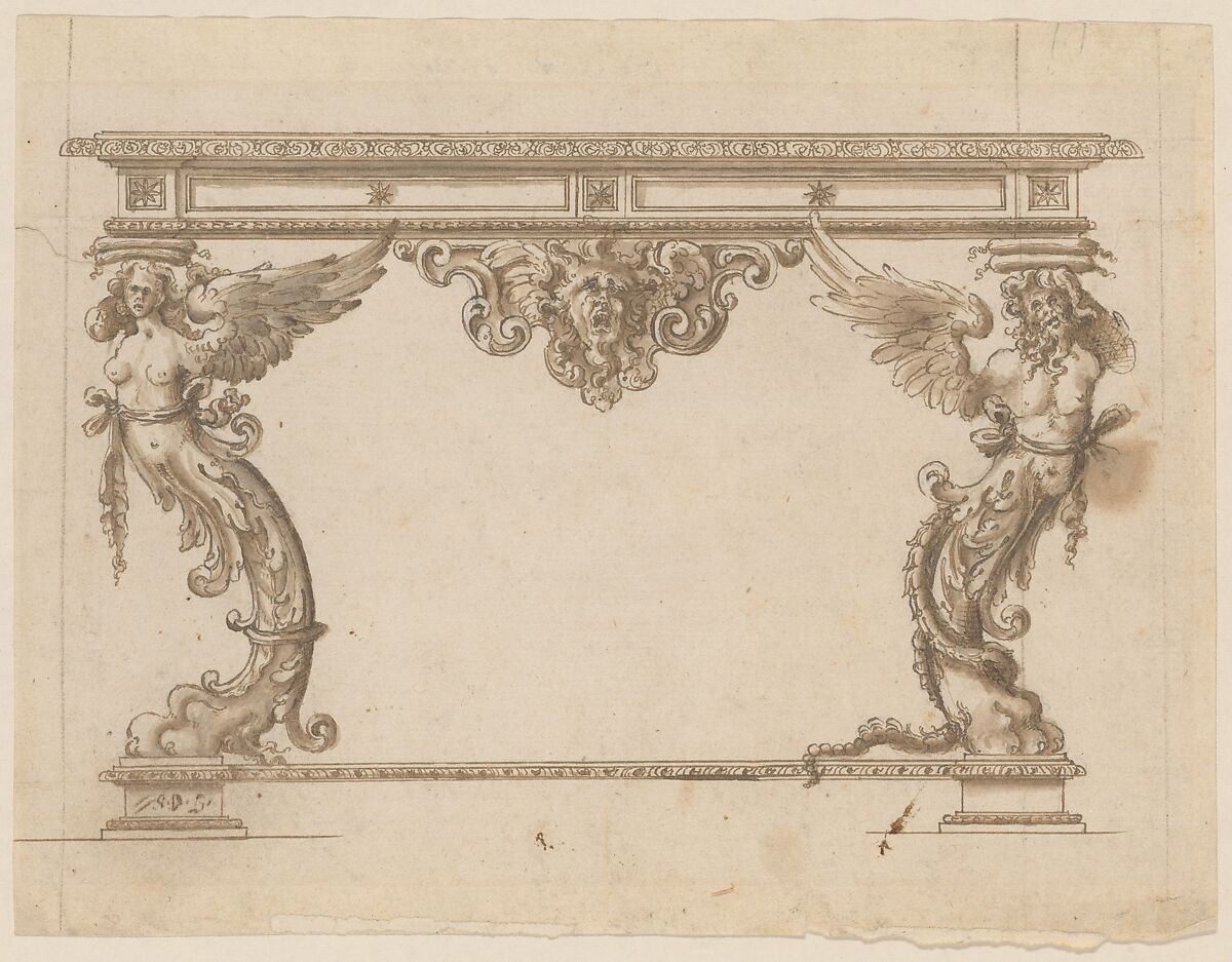 Design for a pier table, Anonymous, Italian, 18th century, Pen and brown ink, brown wash 