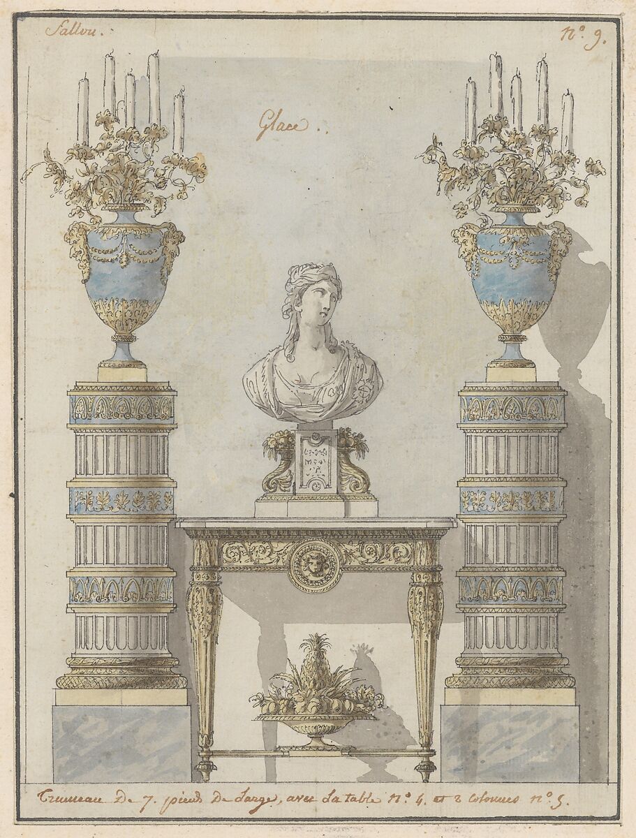 Wall Elevation for a Salon, Jean Démosthène Dugourc (French, Versailles 1749–1825 Paris), Pen and ink with blue, gray and yellow wash 