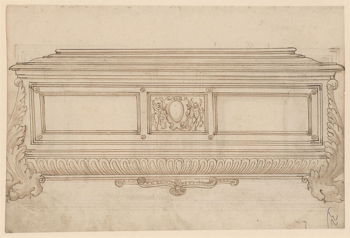 Design for a Cassone.  Verso, Design for a Cabinet Door or Cassone Lid, Anonymous, Italian, 17th century, Pen and black ink with gray wash 