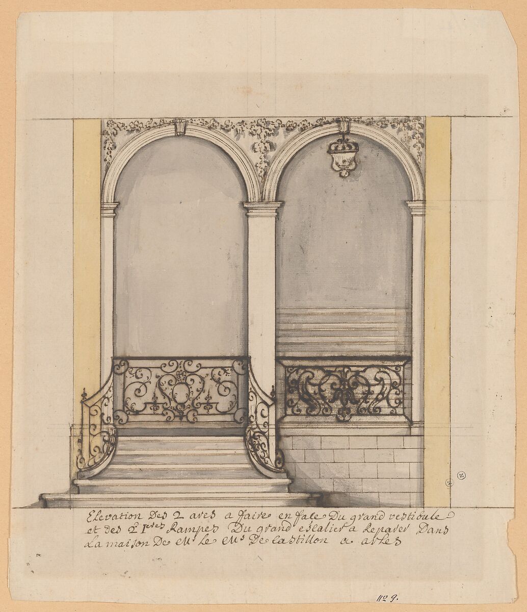 Elevation for a stairway and a second en suite drawing (unmatted): design for ironwork balustrade, Anonymous, French, 18th century, Pen and ink with gray and yellow wash 