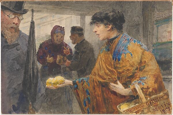 Woman in oriental dress selling lemons, Wilhelm Geissler (German, Hanover 1848–1928), Watercolor and gouache 