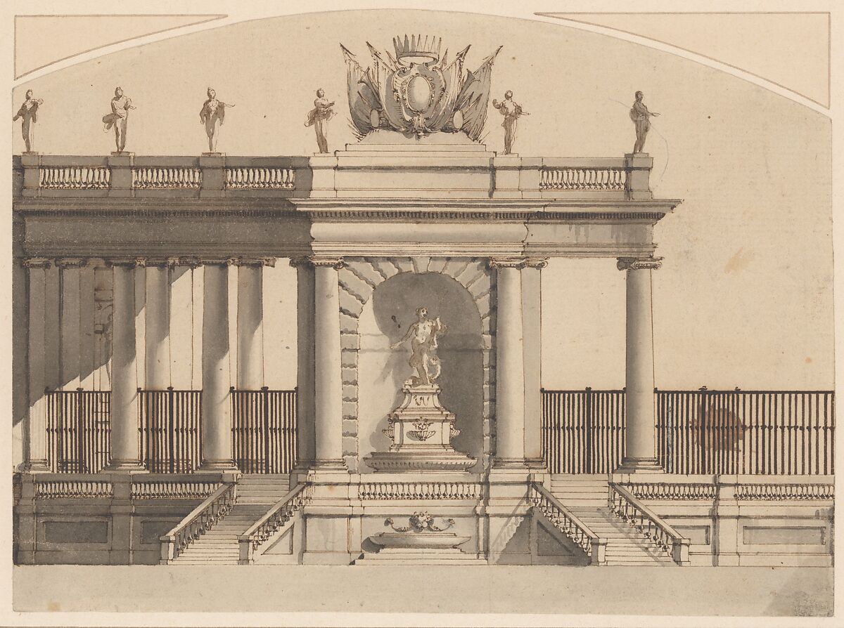 Colonnade and Fountain with a Crowned Armorial Shield, Anonymous, Italian, second half of the 18th century, Pen and dark brown ink with gray wash 
