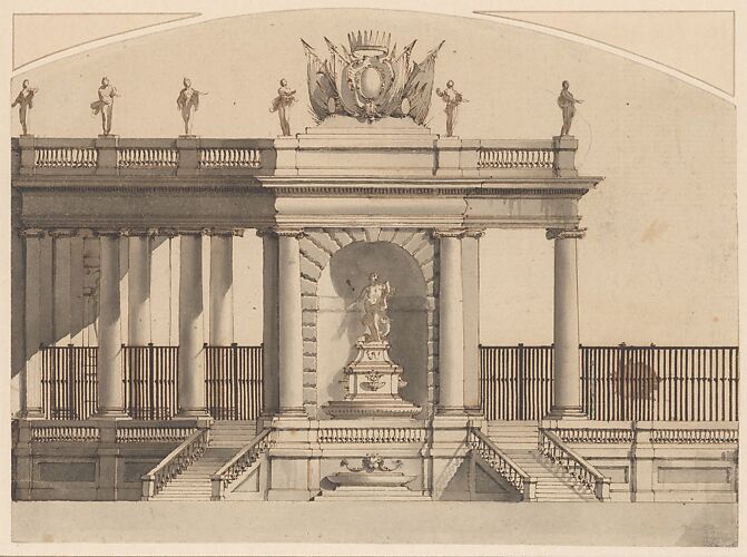 Colonnade and Fountain with a Crowned Armorial Shield