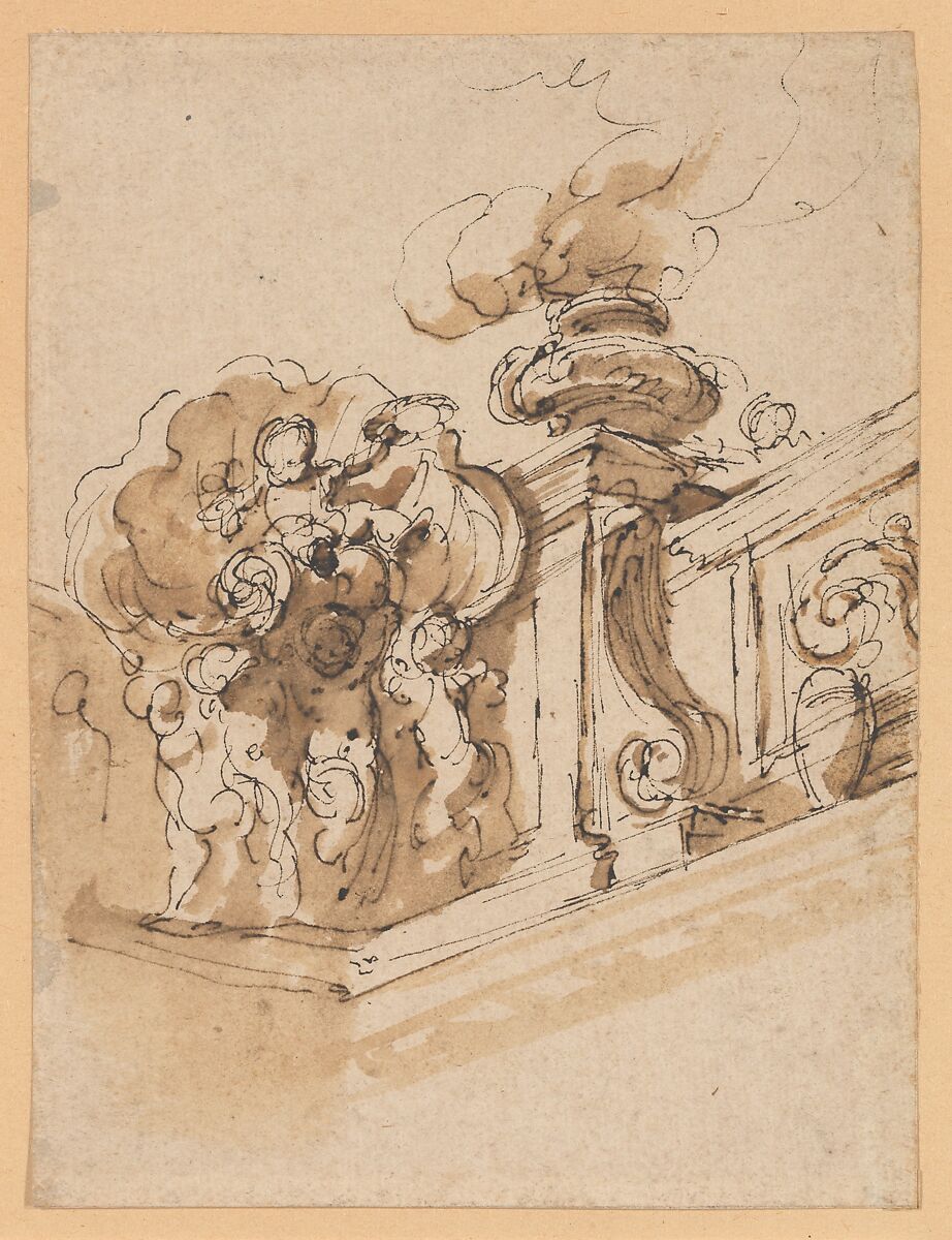 Design for Interior Corner of a Frieze or a Stairwell, Anonymous, Italian, 17th or 18th century, Pen and black ink, brown wash (recto) graphite (verso) 