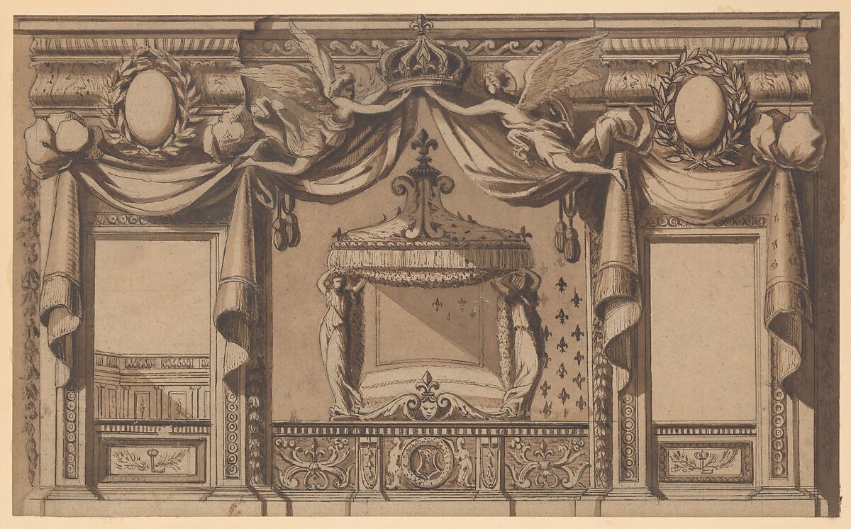 Elevation of a Royal Bedroom, Anonymous, French, 17th century, Pen and brown ink with brown wash 